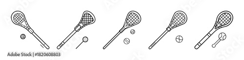 Collection of various sports equipment line art icons and doodles