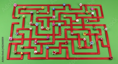 A festive red ribbon maze on a green background, adorned with numerous tiny, colorful giftwrapped presents, symbolizing a playful challenge or holiday journey