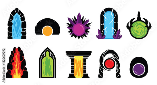 Fantasy portals vector set magic gates to other worlds illustration