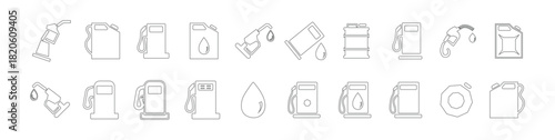 Gas station icon set. Gas tank symbol. Gas station Outline signs. Engine oil icon symbol. Containing fuel, refinery, petroleum, oil well, gas pump, offshore platform, Fuel signs collection. EPS 10.