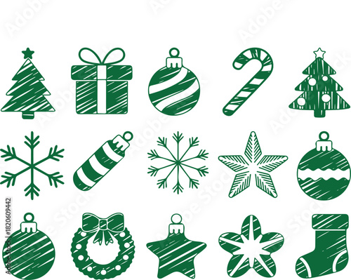 Hand-Drawn Christmas Doodle Icons Set on White Background. Sketch Style Christmas Icons Collection. Holiday Doodle Illustration Set with Christmas Elements. Vector Christmas Doodles.