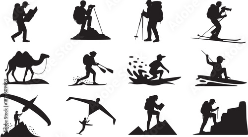 Set of outdoor adventures silhouettes hiking, climbing, surfing, and paragliding vector
