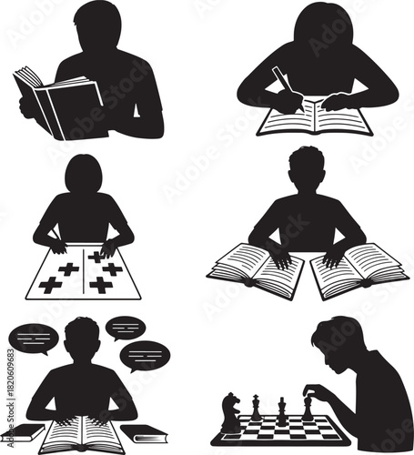 Set of people silhouettes reading, talking, playing board games, and chess vector