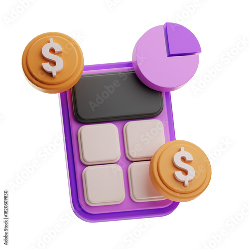 3D model of a financial calculator with coins stacked around.