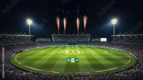 Cricket match in a packed stadium at night with fireworks exploding overhead