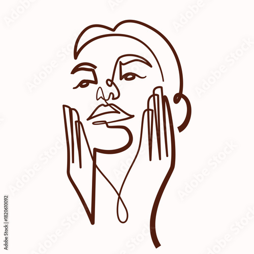 Woman With Both Hands On Face one line drawing. Woman With Both Hands On Face single line illustration. Woman With Both Hands On Face minimalist line art