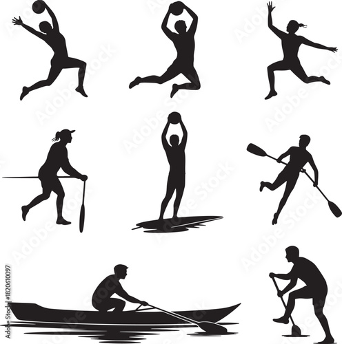 Set of various athletes silhouette of sports figures playing ball and rowing action