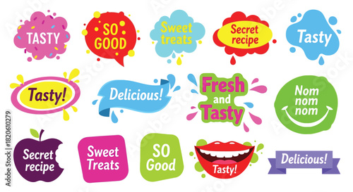 Tasty treats stickers vector set for food and dessert design