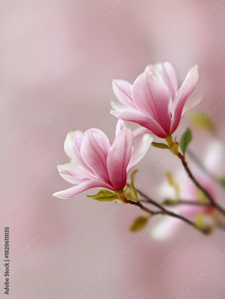 Obraz premium The two magnolia blossoms appear somewhat blurred against the light pink background, 