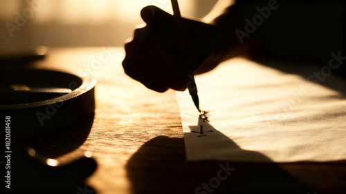 Dynamic Calligraphy Creation: The Art of Chinese Brush Strokes in a Serene Traditional Studio