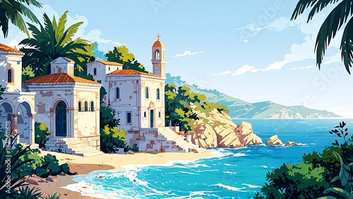 A charming stone house with blue door and terracotta roof overlooks the Mediterranean sea—evoking tranquility, warmth, and the timeless beauty of coastal architecture.