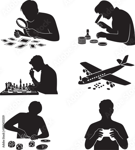 Silhouette of man with magnifying glass examining stamps hobby collection leisure time