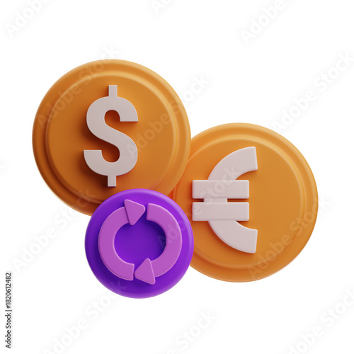 3D rendered image of stacked currency bills and coins.