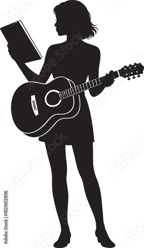 Silhouette of Woman Holding Guitar and Book in One Hand on Transparent Backdrop
