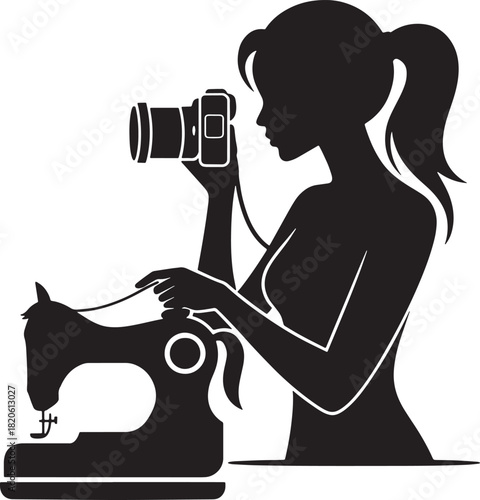 Silhouette of woman photographer operating camera near sewing machine project