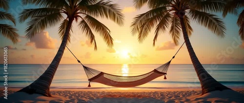 Serene tropical beach sunset with swaying palm trees and gently rocking hammock, captured in a cinematic slow pan; ocean waves softly lap the shore, evoking tranquility and relaxation.