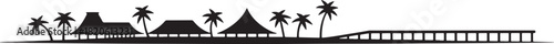 Silhouette Vector Illustration of Exotic Traditional Village on Tropical Beach