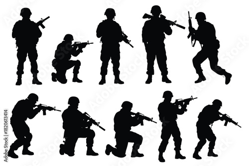 Soldier Silhouette Set Vector Illustration, Military Army Figures with Rifles in Combat and Action Poses