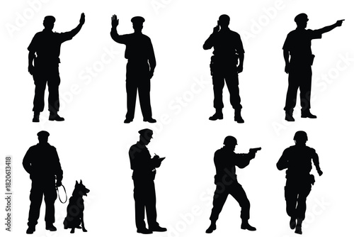 Police Officer Silhouette Set Vector Illustration, Law Enforcement Professional Figures in Various Action Poses