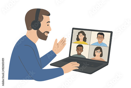 Bearded man wearing headphones talking during a virtual meeting on a laptop screen with four participants