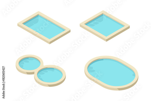 Isometric swimming pools in rectangular, square, oval, and figure eight shapes