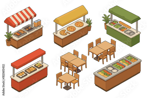 Isometric collection of buffet counters and dining tables for restaurant layout