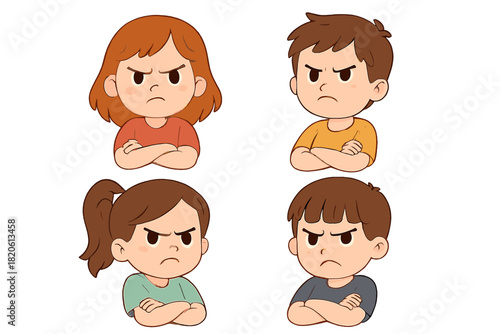 Group of four angry children avatars showing frustration and displeasure