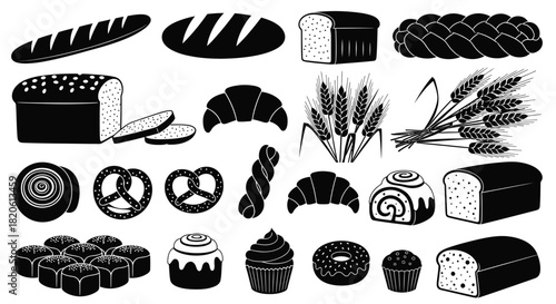 Bakery bread pastry vector set bread wheat croissant pretzel roll