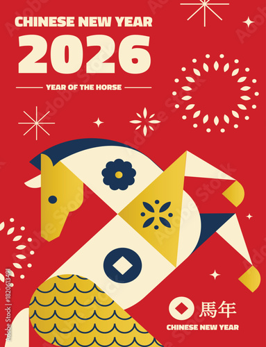 Vibrant Year of the Horse 2026 greeting card design with modern geometric patterns and festive symbols for the Lunar New Year celebration