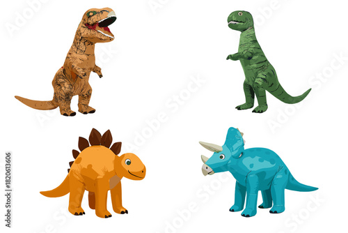 Group of four brightly colored inflatable dinosaur figures isolated on white backdrop