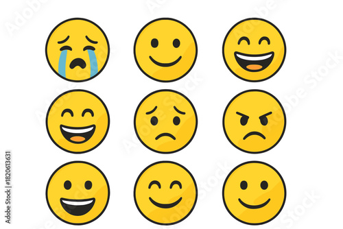 Collection of nine yellow emoji faces displaying a wide range of human emotions and feelings