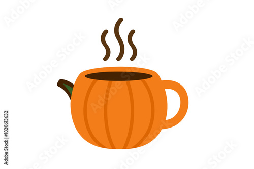 Stylized orange pumpkin mug with hot beverage and rising steam for autumn season