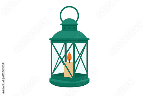 Classic green metal lantern with a handle containing a burning candle providing warm light
