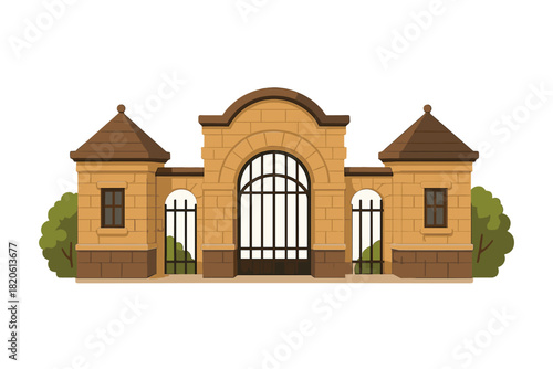 Ornate stone entrance gate with arched metal bars and flanking turret structures