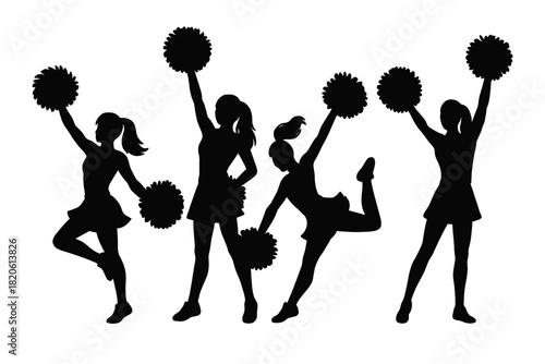 Dynamic silhouette of four female cheerleaders performing dance poses with pom-poms