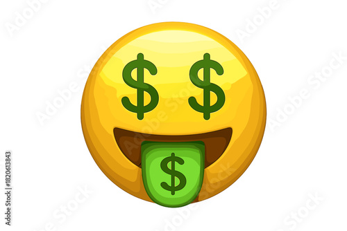 Yellow emoji face with dollar signs for eyes and tongue symbolizing wealth and greed