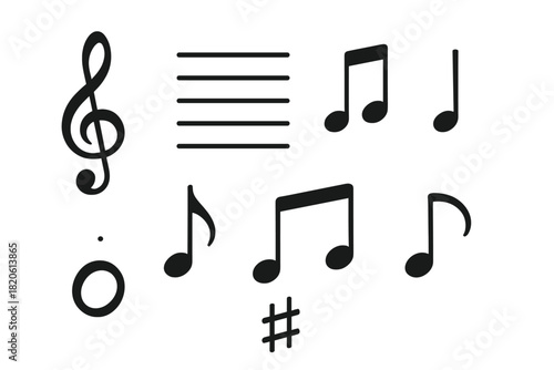 Essential musical notation symbols set including treble clef, staff, and various notes