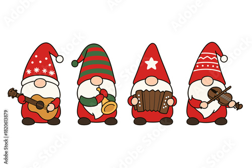 Festive bearded gnomes playing musical instruments in a winter holiday concert