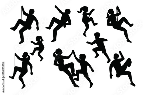 Diverse male and female climbers in dynamic action poses silhouette collection