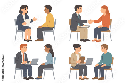 Diverse people sitting and talking in business meeting and interview scenes
