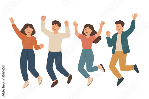 Cheerful group of friends jumping high in the air with hands raised celebrating victory