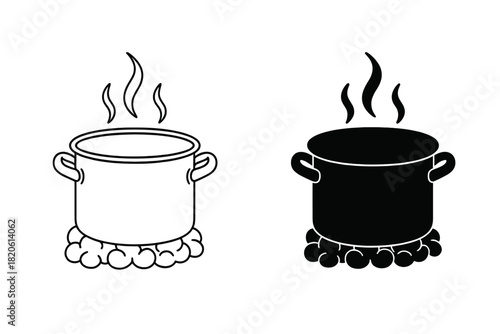 Black and white cooking pot boiling over heat source with rising steam