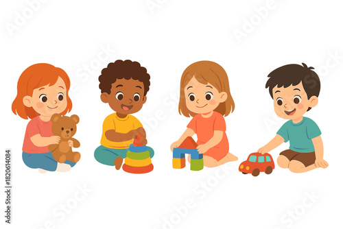 Four happy diverse children sitting and playing with colorful educational toys on the floor