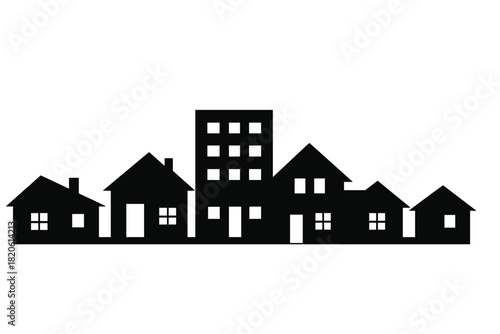 Black silhouette of a small town skyline featuring residential houses and a central apartment building