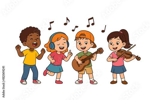 Diverse group of happy children playing musical instruments and dancing together in a band