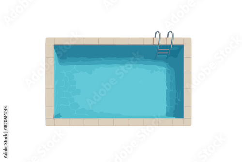 Top view of a rectangular swimming pool with blue water and metal ladder on white background