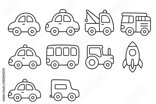 Set of simple outline icons featuring various transportation modes and a space rocket