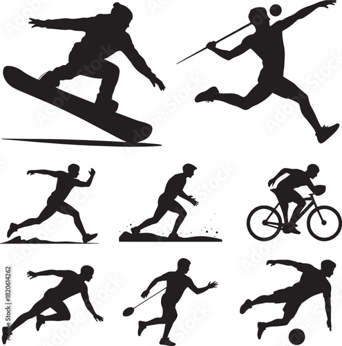 Silhouettes of men playing sports and throwing javelin or running with ball