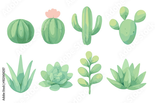 Watercolor collection of green desert succulent plants and cacti isolated on white