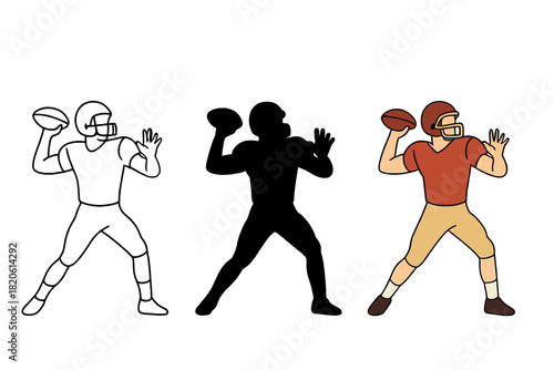 American football player throwing ball in three styles: outline, silhouette, and color graphic set